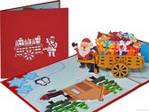 Popcards popup kerstkaarten - Kerstkaart Kerstman met Cadeautjes en Bosdieren in Handkar pop-up kaart 3D wenskaart