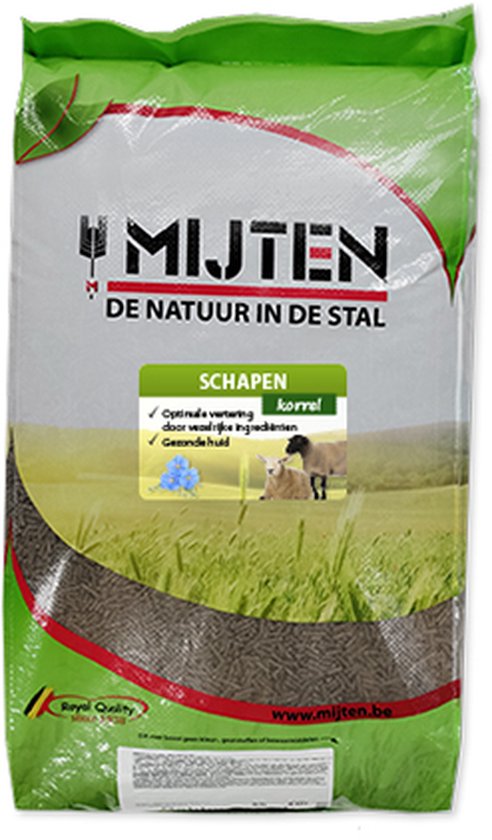 Zak schapenkorrels van Mijten, met afbeelding van schapen in een veld. De tekst "SCHAPEN" en "korrel" is zichtbaar.
