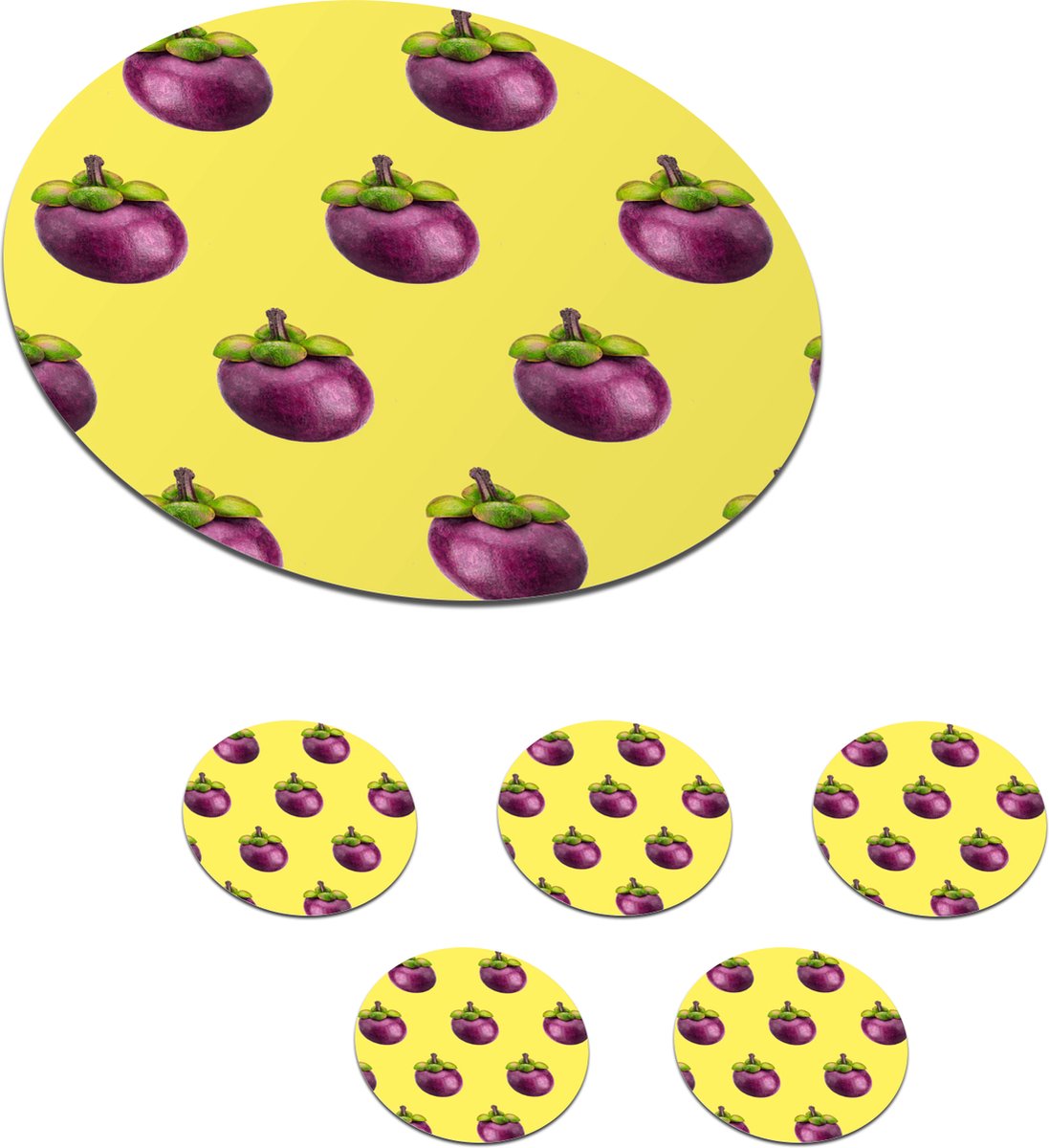 Onderzetters voor glazen - Rond - Fruit - Patroon - Paars - 10x10 cm - Glasonderzetters - 6 stuks