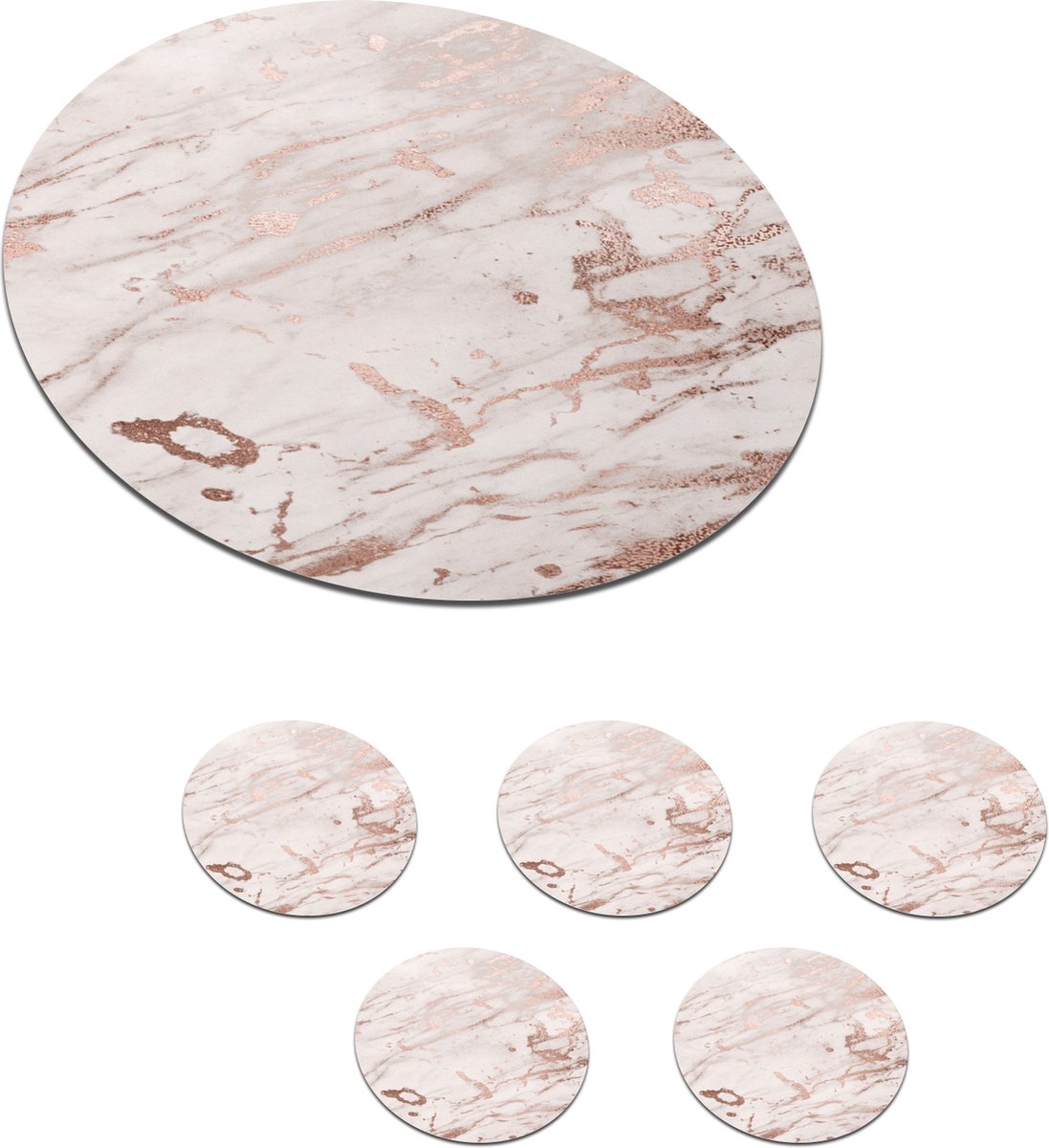 Onderzetters voor glazen - Rond - Marmer - Wit - Roze - 10x10 cm - Glasonderzetters - 6 stuks