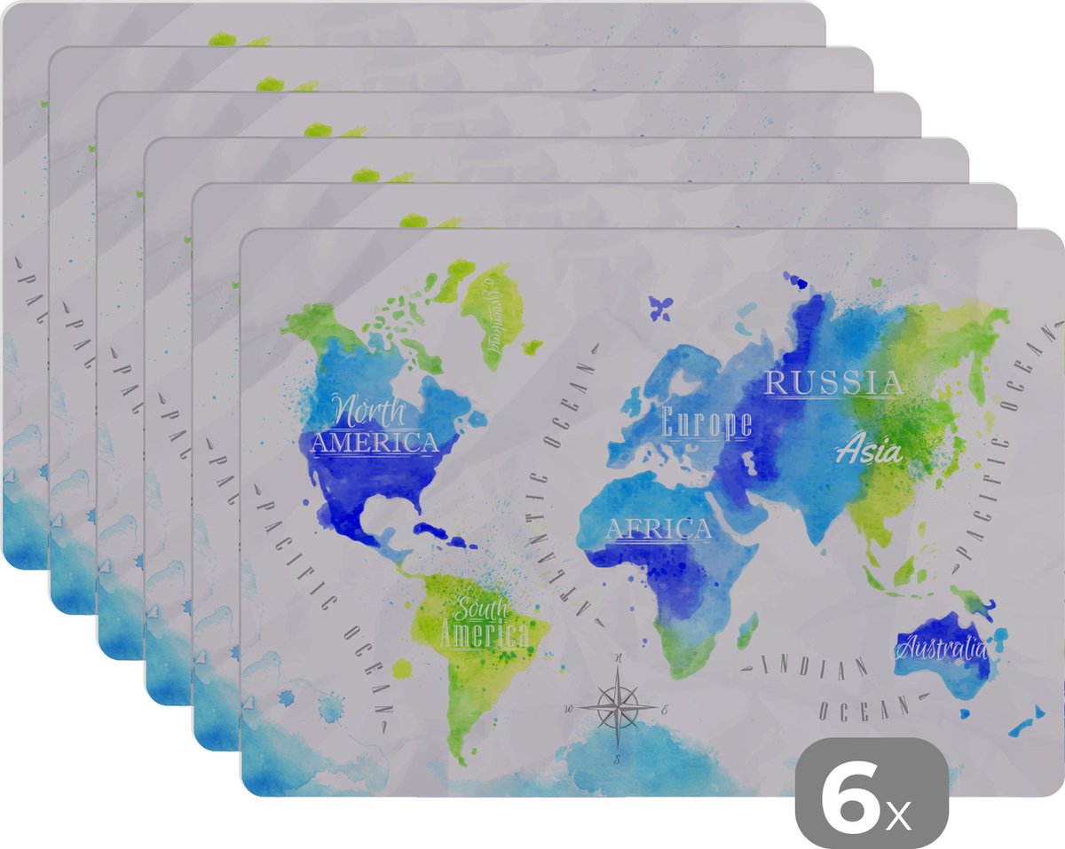 Placemat kinderen - Placemat - Placemats kunststof - Wereldkaart - Waterverf - Groen - Blauw - 45x30 cm - 6 stuks - Hittebestendig - Anti-Slip - Onderlegger - Afneembaar
