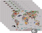 Placemat kinderen - Placemats - Wereldkaart - Kinderen - Kaart - Dieren - Onderlegger - 45x30 cm - 6 stuks