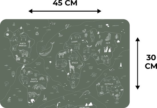 Set de table - Carte - Monde - Enfants - Vert - 45x30 cm - 6 pièces