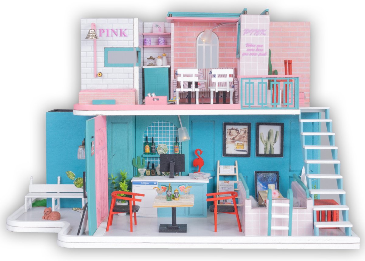 Miniatuur Bouwpakket L Pink Retro Café Volwassenen - Knutselen Meisjes - Houten Poppenhuis - DIY - Hobby - Crafts&Co — afbeelding 2