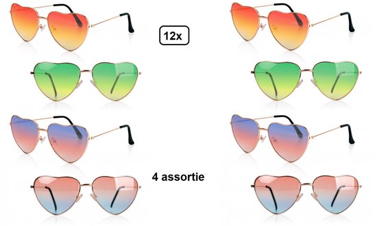 Foto: 12x hartjes bril double assortie 4 kleuren festival thema feest party flower power freaky glasses