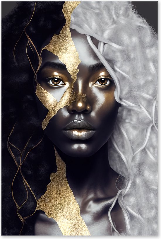 Graphic Message - Peinture sur Toile - Femme - Or Wit Zwart - Luxe - Salon - Africain