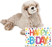 Ravensden Verjaardag cadeau Zeehond pup 23 cm en Happy Birthday wenskaart