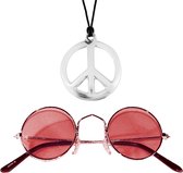 Hippie Flower Power sieraden set peace-sign ketting met groovy bril