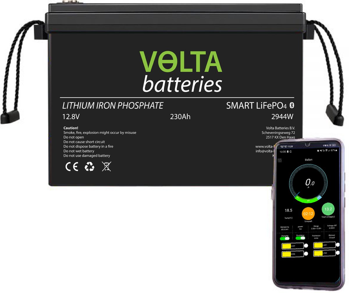 Volta Batteries 12V230 - Smart LiFePO4 - 12.8V - 230Ah - 2944W - voor zonnepanelen en campers met bluetooth en VoltaBMS app.