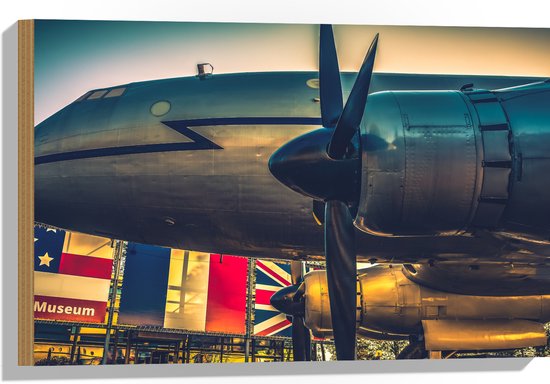 WallClassics - Hout - Groot Vliegtuig bij Verschillende Vlaggen - 60x40 cm - 12 mm dik - Foto op Hout (Met Ophangsysteem)
