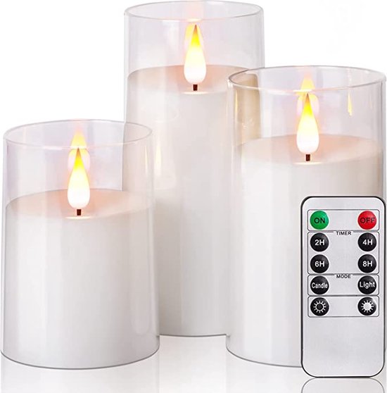 LED Kaarsen 3 stuks-Batterijkaarsen, zuilkaarsen Werkt op batterijen met afstandsbediening en timer, wit glas