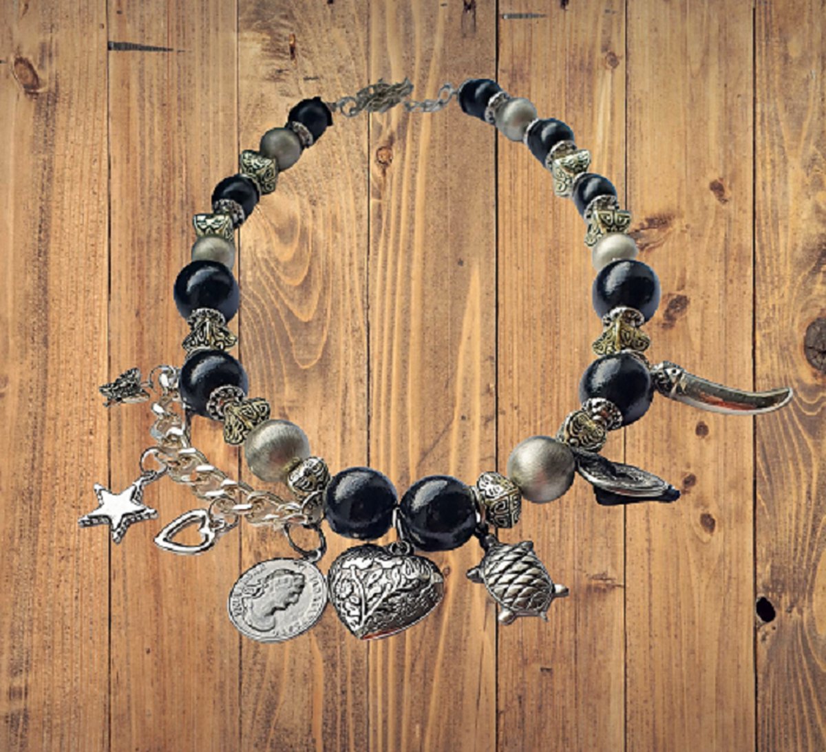 Dames ketting kralen en bedels hart bedel schildpad ster munten