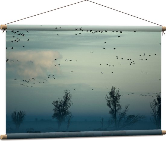 WallClassics - Affiche Textile - Paarden dans la Brume - 90x60 cm Photo sur Textile