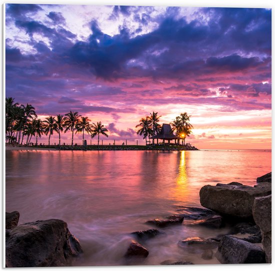 WallClassics - Panneau en mousse PVC - Rose avec ciel violet sur mer tropicale - 50x50 cm Photo sur panneau en mousse PVC (avec système de suspension)