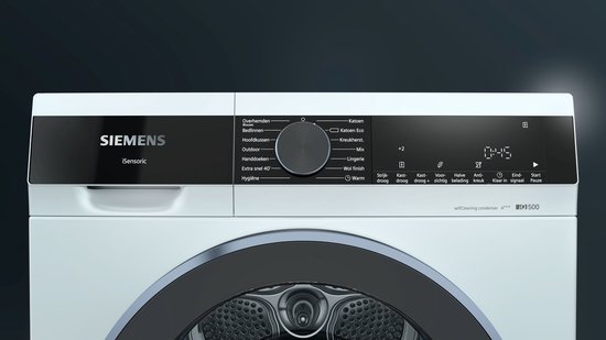 Close-up van het digitale bedieningspaneel van een witte Siemens wasdroger met een draaiknop voor programma's.