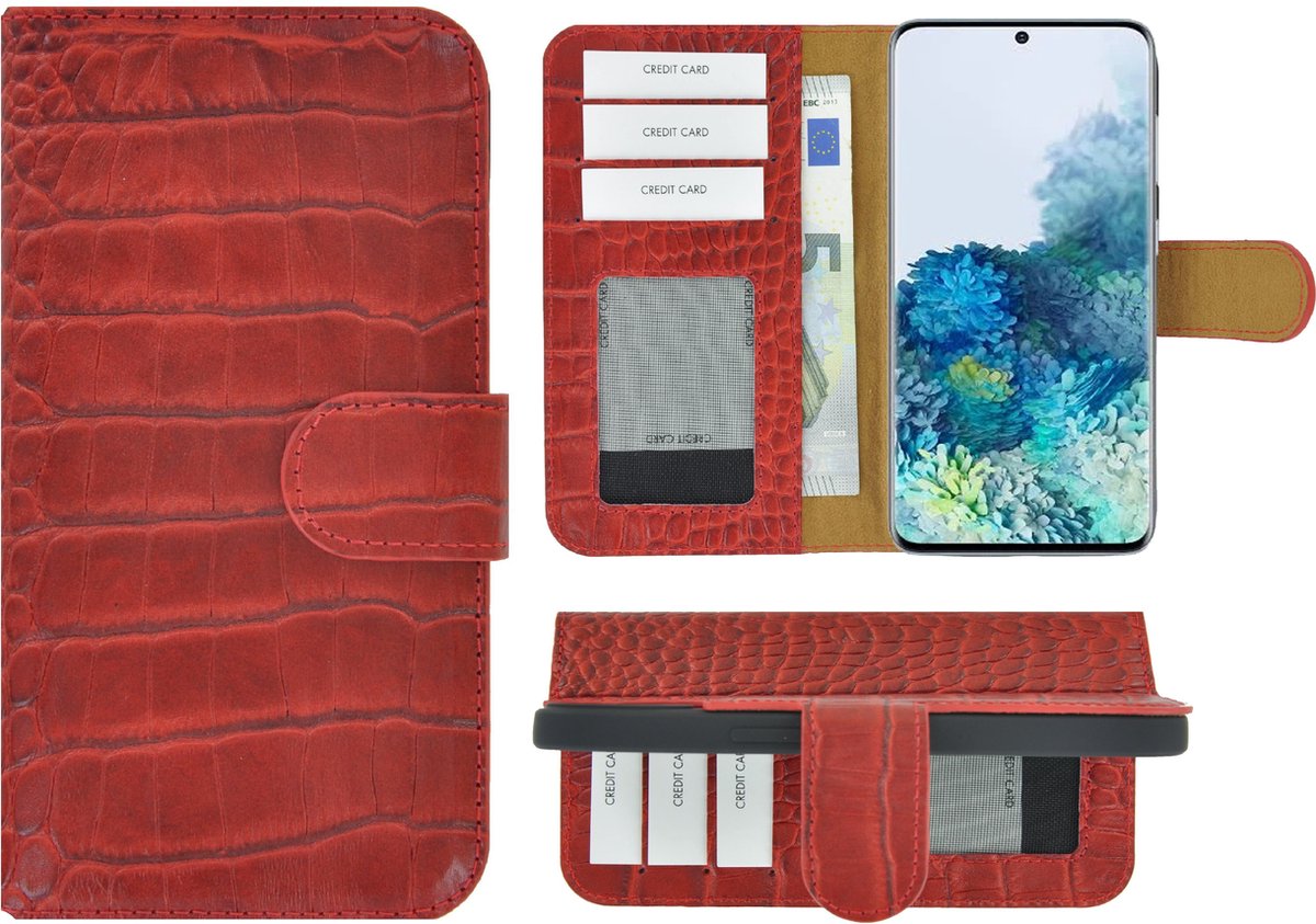 MoDo hoesje Geschikt voor Samsung Galaxy S20 Plus - Echt Leer Book Case - Croco Rood