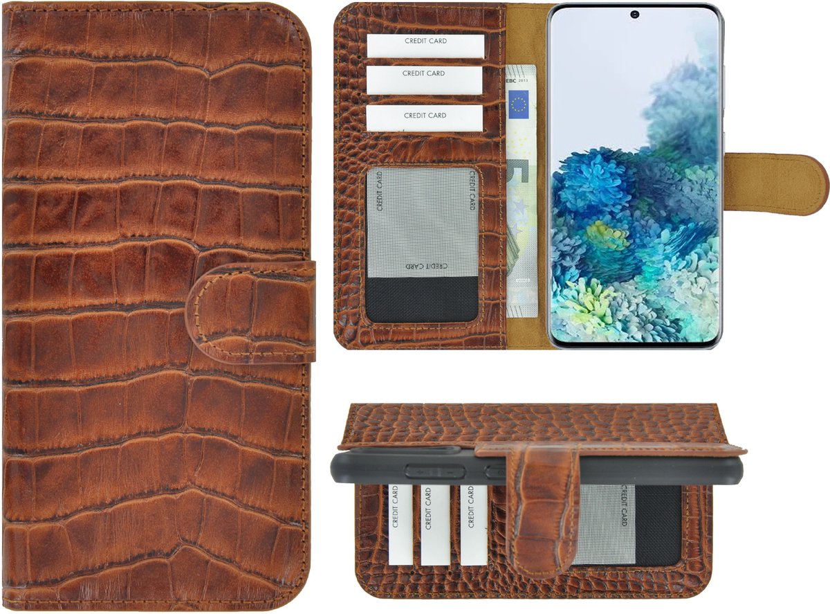 MoDo hoesje Geschikt voor Samsung Galaxy S20 FE - Echt Leer Book Case - Croco Kaneelbruin