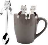 4 Theelepels Hangende Kat - Katten Koffielepel - RVS - Zilver