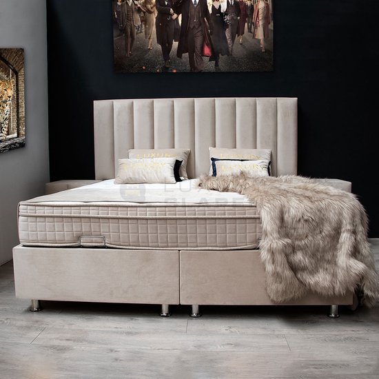 Boxspring bed met opbergruimte - 160x200 cm - opbergbed LEONAR - velvet beige - Eric Kuster stijl