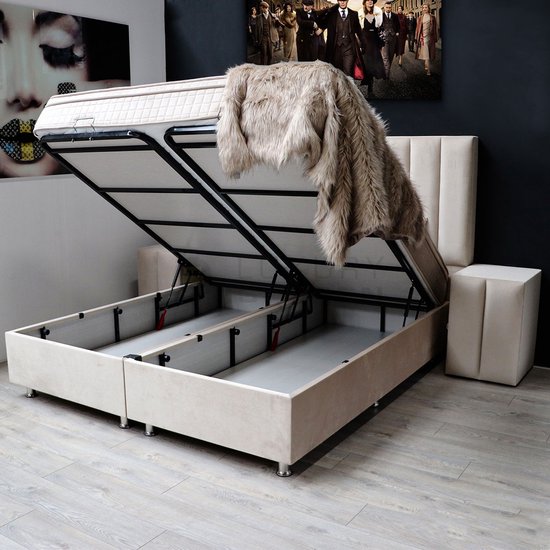 Boxspring bed met opbergruimte - 160x200 cm - opbergbed LEONAR - velvet beige - Eric Kuster stijl