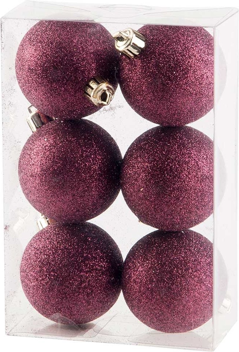 KERSTBAL SET6 GLITTER AUBERGINE D6CM KUNSTSTOF