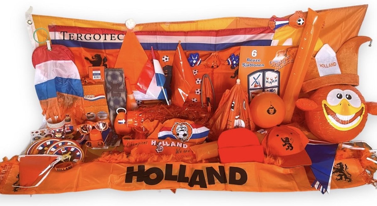 WK-pakket XXL - 52-delig WK pakket voor de oranje supporter / WK2022 / vlaggenlijn 10 meter / vlag 150x100cm / oranje kerstmuts / oranje decoratie / oranje versiering / vlag 100x70cm / hoofdparaplu