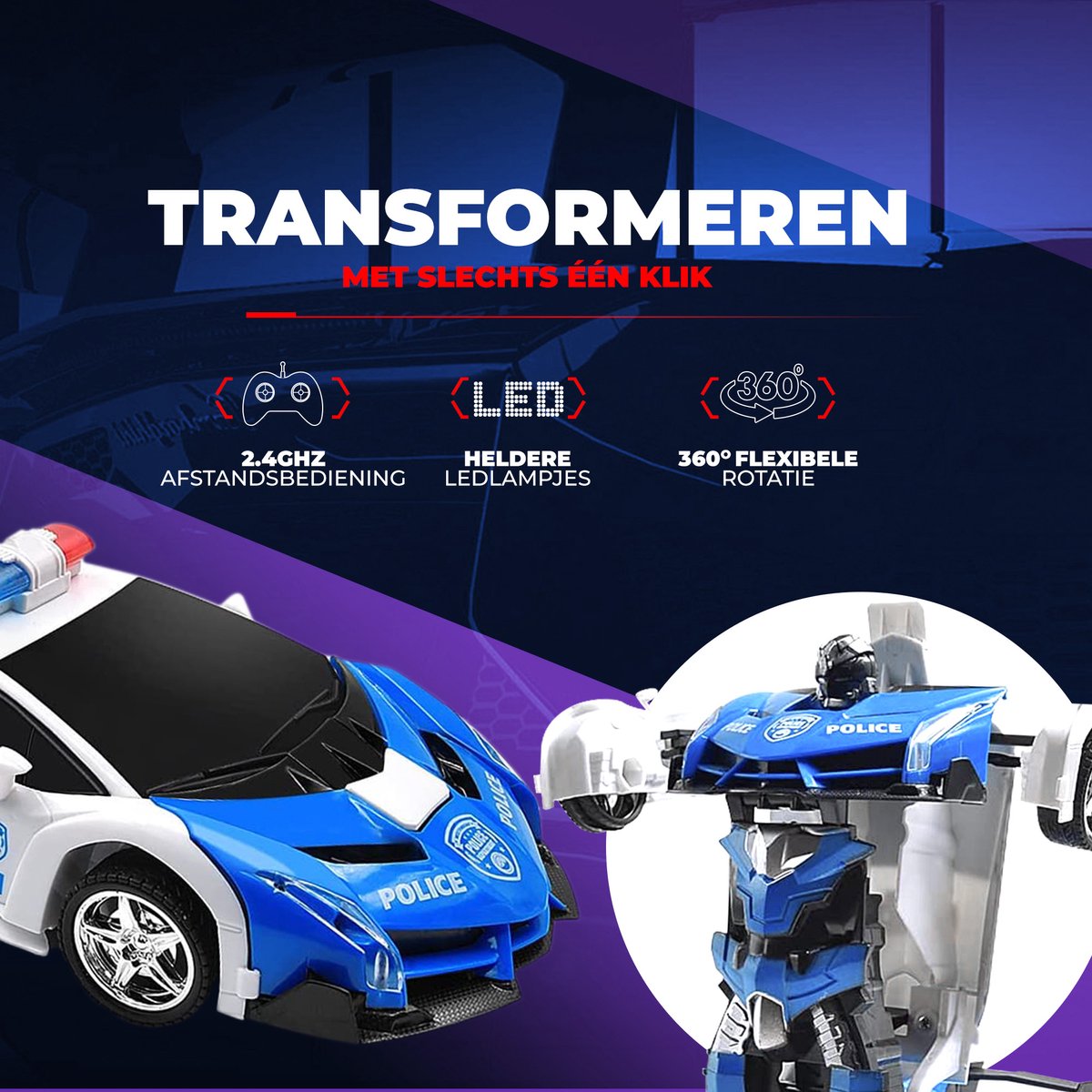 Huntex RC Transformerende Auto/Robot - Politieauto - Blauw - RC Voertuigen - Robot Speelgoed Jongens — afbeelding 6