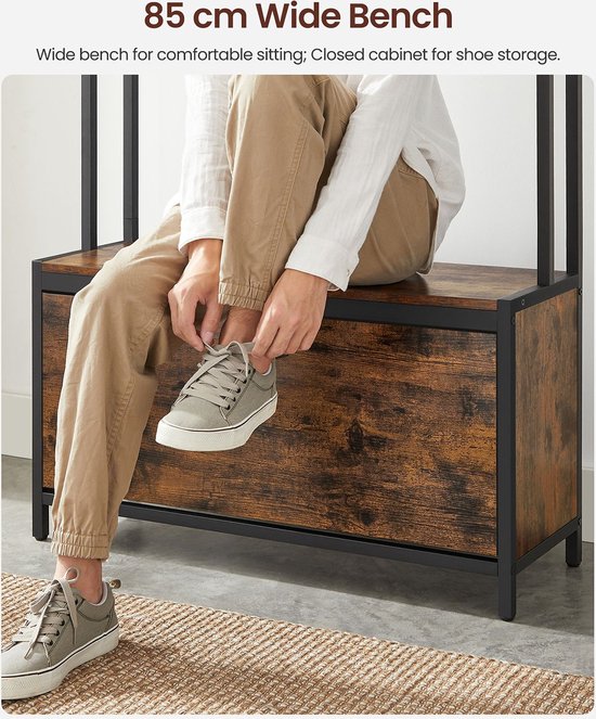Signature Home Antony Porte-manteau avec armoire à chaussures - Porte-manteau avec banc - Porte-vêtements - Porte-chaussures - 9 crochets - Étagère supérieure - Pour couloir - Chambre - Design industriel - Marron vintage - Noir