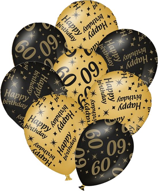 Verjaardag ballonnen - 60 jaar en happy birthday 12x stuks zwart/goud