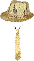 Toppers - Folat Verkleedkleding set hoed/stropdas goud glitter volwassenen