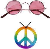 Widmann - Hippie Flower Power verkleed set peace ketting en roze party bril