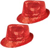 Boland Trilby hoeden met pailletten - 2x stuks - rood - glitter