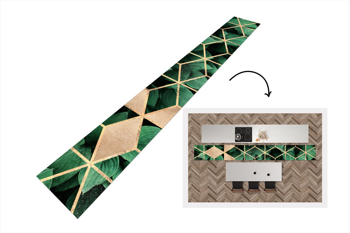 KitchenYeah Keukenloper - Loper keuken - Bladeren - Goud - Patronen - Kubus - Luxe - 400x50 cm - Keukenloper vinyl Multicolor