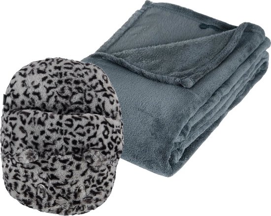 Apollo - Fleece deken blauwgrijs 125 x 150 cm met voetenwarmer slof cheetah one size