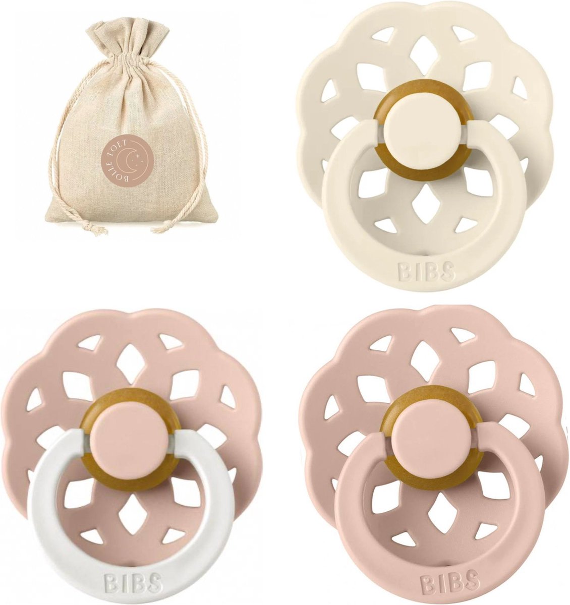 Goedkoopste BIBS spenen T1 met speenzakje | Boheme | Ivory, Blush, Blush Glow in the dark | 0 tot 6 maanden