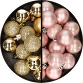 Kerstballen 36x stuks - 3 en 4 cm - gold en lichtroze - kunststof