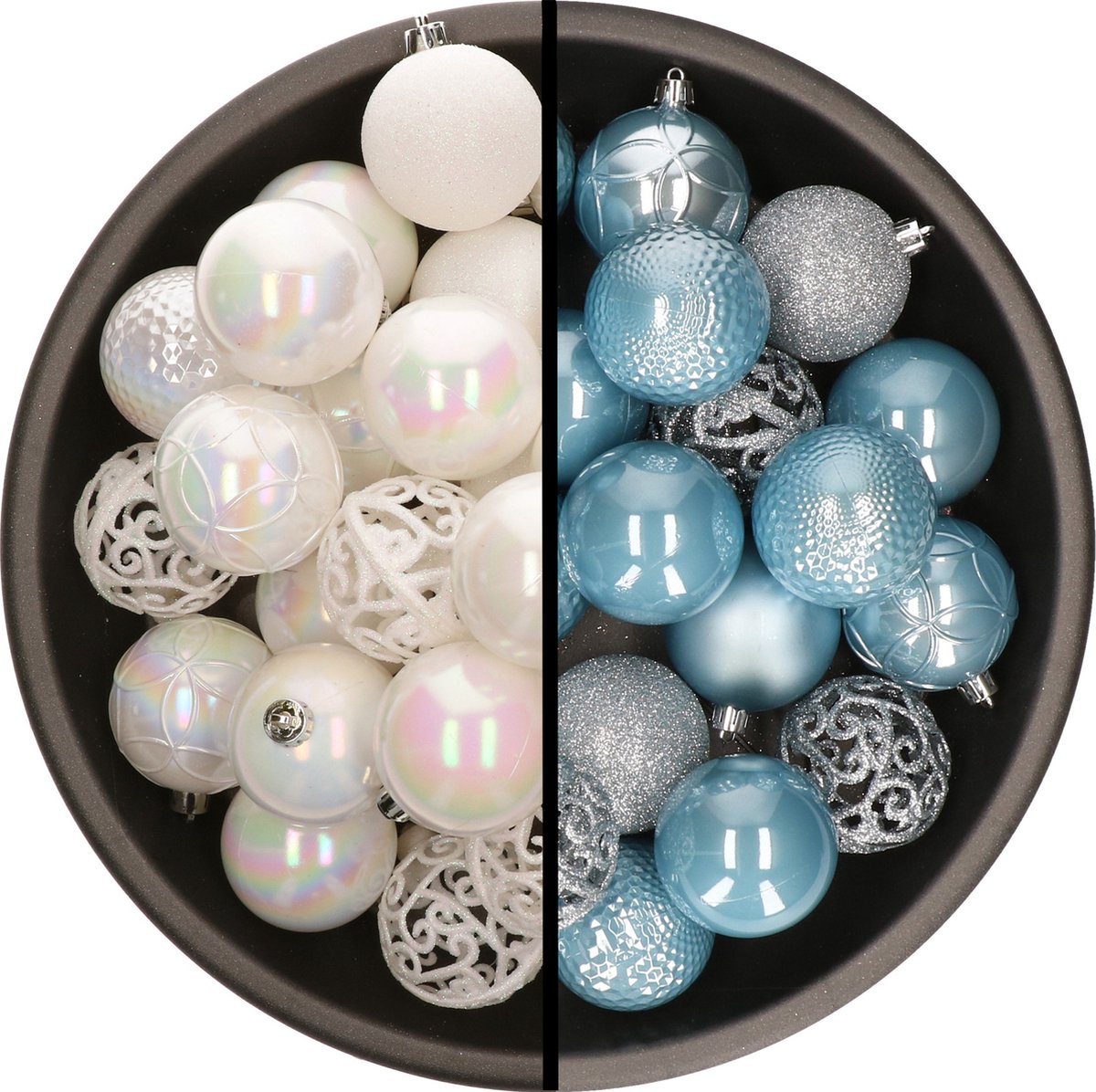 Kerstballen - 74x stuks - parelmoer wit en lichtblauw - 6 cm - kunststof
