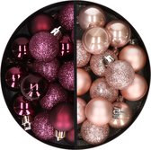 Kerstballen 34x st - 3 cm - aubergine paars en lichtroze - kunststof