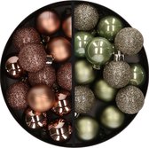 Kunststof kerstballen -28x st.- legergroen en bruin -3 cm- kunststof