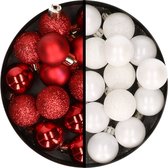 Kerstballen 34x st - 3 cm - rood en wit - kunststof