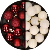 Kerstballen 34x st - 3 cm - donkerrood en wolwit - kunststof