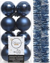 Decoris kerstballen 4 cm en slinger 17x st - donkerblauw - kunststof