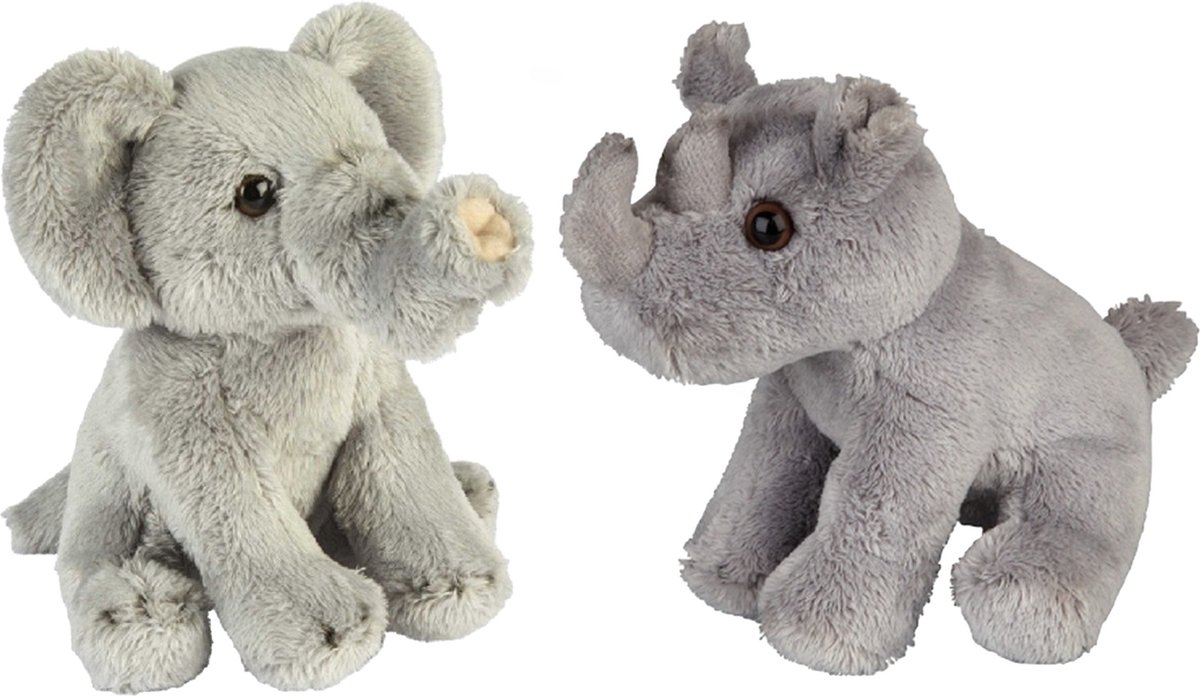 Ravensden - Safari dieren knuffels - 2x stuks - Olifant en Neushoorn - 15 cm