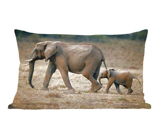 Sierkussens - Kussen - Kind rent achter moeder olifant aan - 50x30 cm - Kussen van katoen