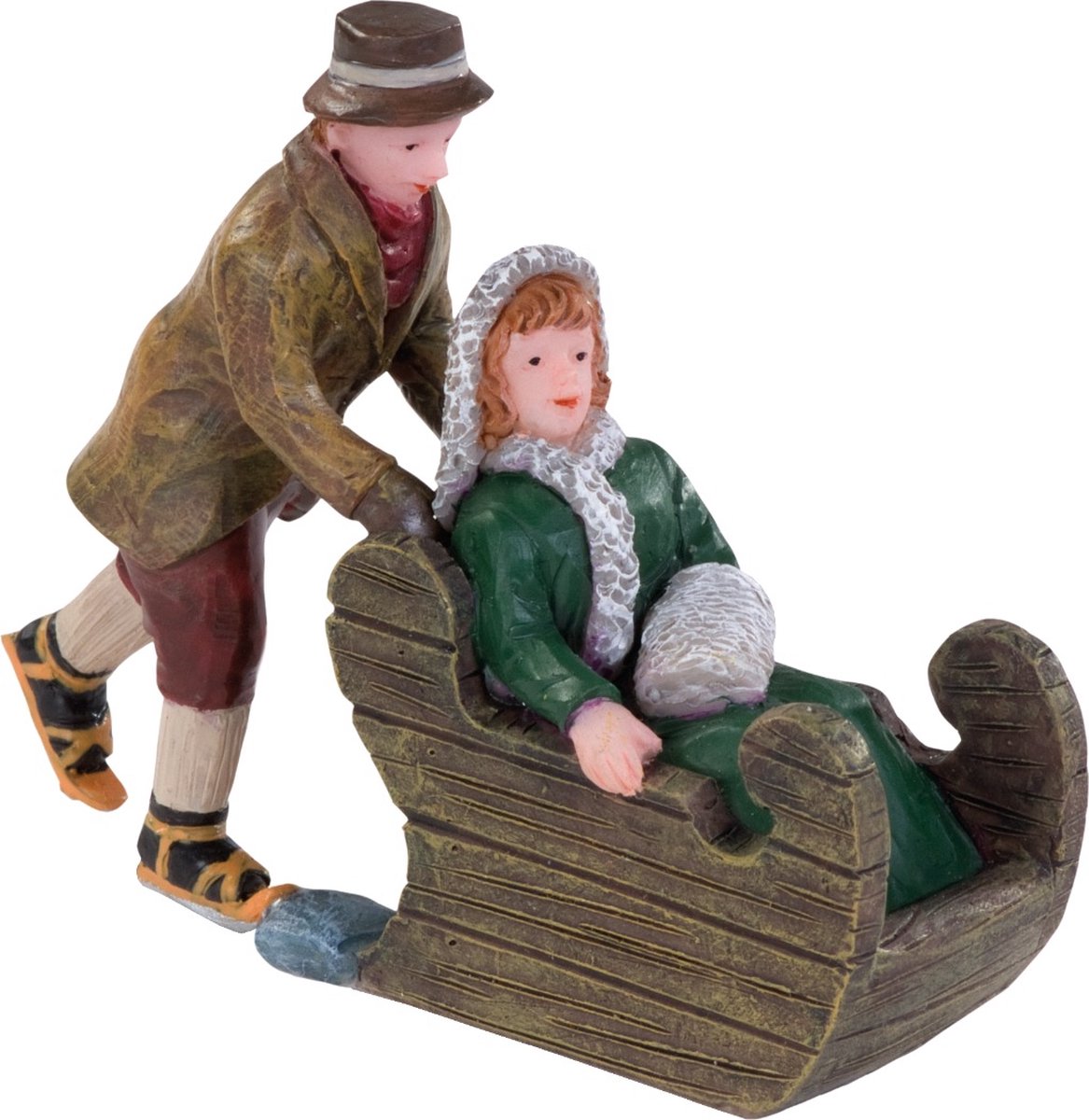Dickensville Kerstfiguur Man Duwt Vrouw In Slee 7 X 2 Cm