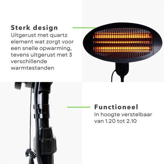 Chauffage De Terrasse Perel 2000W Sur Pied - Quartz, 3 Niveaux, Hauteur Réglable, IP34