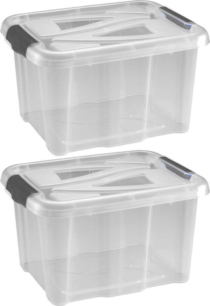 Hega Hogar opbergbox - 2x - transparant/blauw- 17 liter - 40 x 32 x 23 cm - kunststof - opbergdoos - Opbergbak
