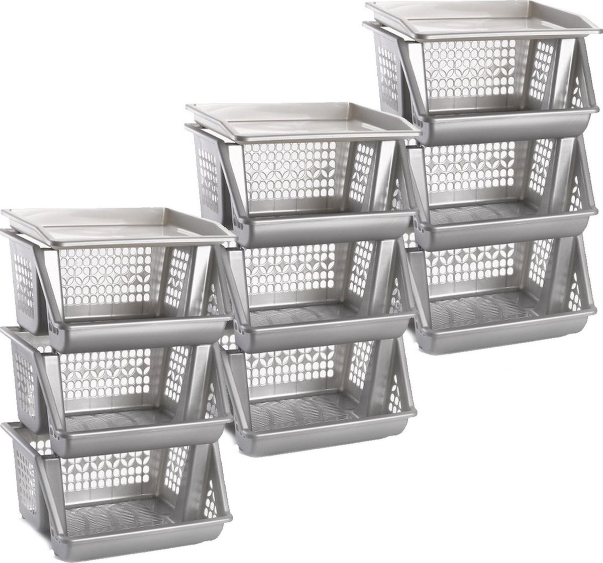Plasticforte Opbergkrat - 3x - zilver - 3 vakken - 62 cm - Stapelkratten - Stapelbare manden