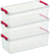 3x Sunware Q-Line boîtes de rangement / boîtes de rangement 9,5 litres 48,5 x 19 x 14,7 cm plastique - Boîte de rangement oblongue / étroite - Boîte de rangement plastique transparent / rouge