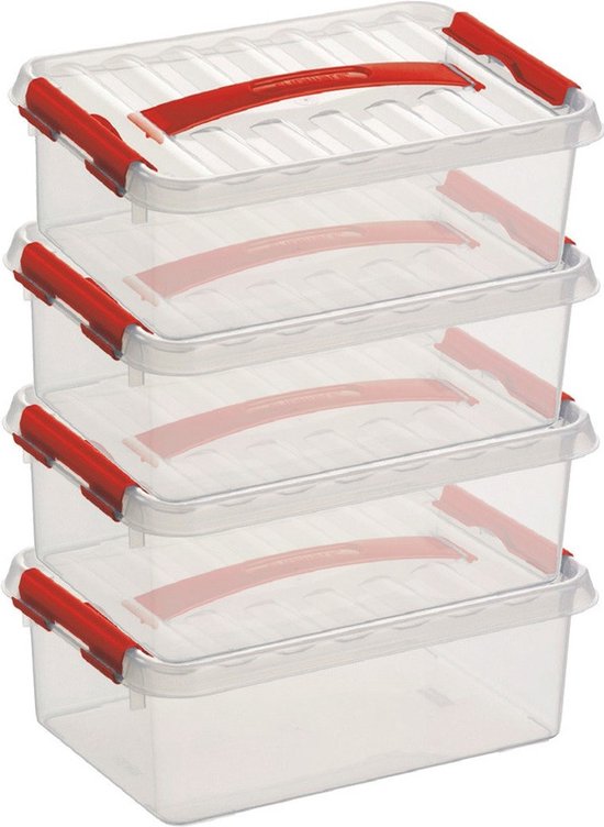 boîte de rangement avec couvercle et poignée en plastique - 4 litres -  Rouge, transparent